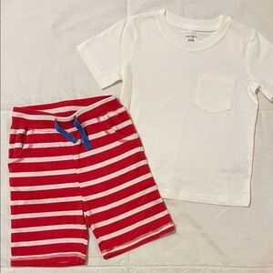 Frugi Little Stripy Shorts, Tomato Breton/Hippo + Carter’s White Tee